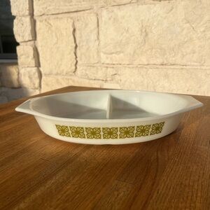 Vintage Pyrex White and Green Divided casserole Dish